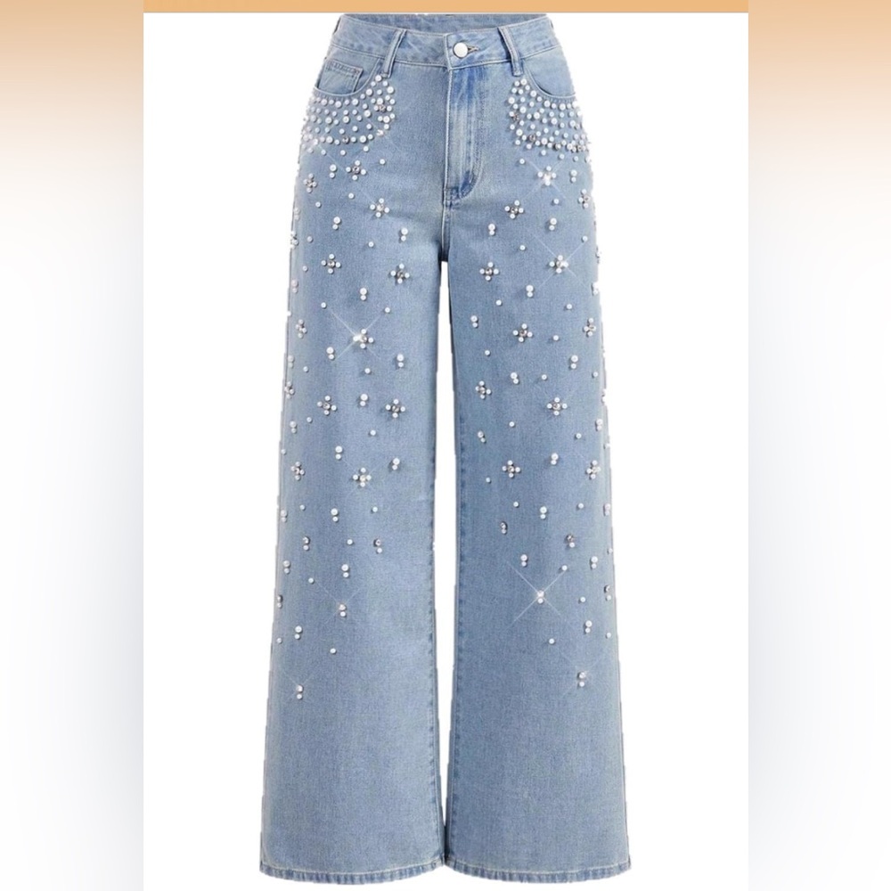 NWT DOSE Pearl& Rhinestone  Wide Leg high rise light Blue jeans, size XXL , M